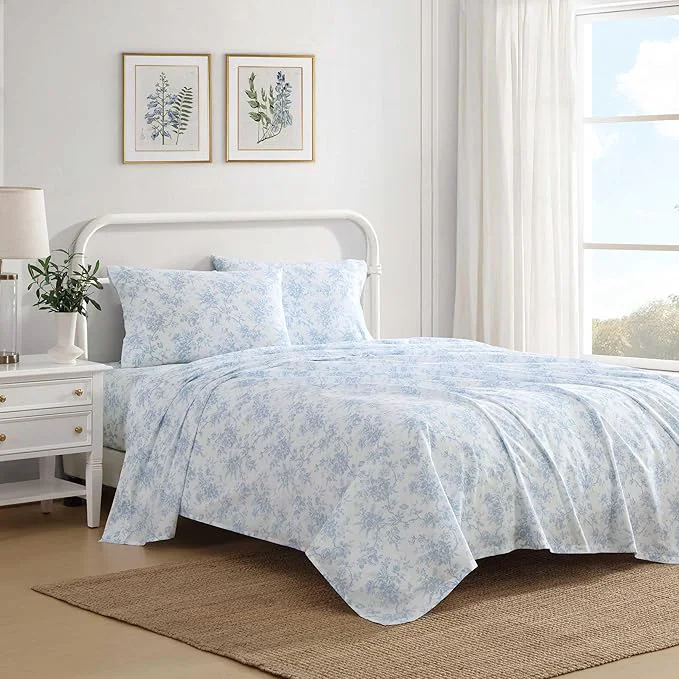 Relaxed Laura Ashley - Full Sheet Set Crisp amp Cool Cotton Percale Bedding with Deep Pockets Lightweight for Year Round Comfort Bed Sheets with Matching Pillowcases Walled Garden Blue Fashionable