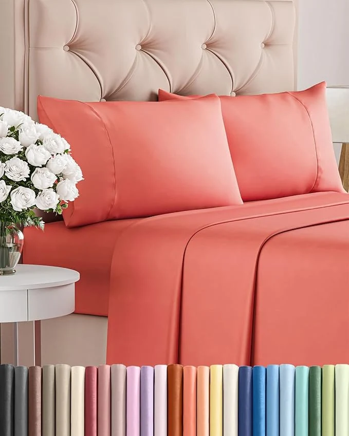 Genuine Twin XL 4 Piece Sheet Set - Comfy Breathable amp Cooling - Ultra Soft Hotel Luxury Bedding Set w 8-16 Inch Deep Pockets - 1 Flat amp 1 Fitted Sheet amp 2 Pillowcases - Wrinkle and Easy Care - Coral High-Grade