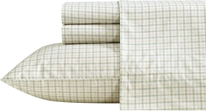 Authentic Nautica - Full Size Sheets Set Crisp amp Tailored Coastal Bedding with a Smooth Cotton Percale Bed Sheets with Matching Pillowcases amp Fitted Sheet Calm Seas Gingham Green Safe