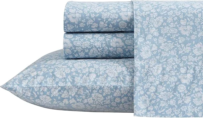 Laura Ashley - King Sheets Cotton Percale Bedding Set Lightweight amp Breathable Home Decor Heirloom Ditzy Blue King Optimized
