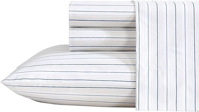 Nautica - Queen Sheets Premium Cotton Percale Bedding Set Striped Home Decor Oeko-Tex Beaux Stripe Blue Queen Modern