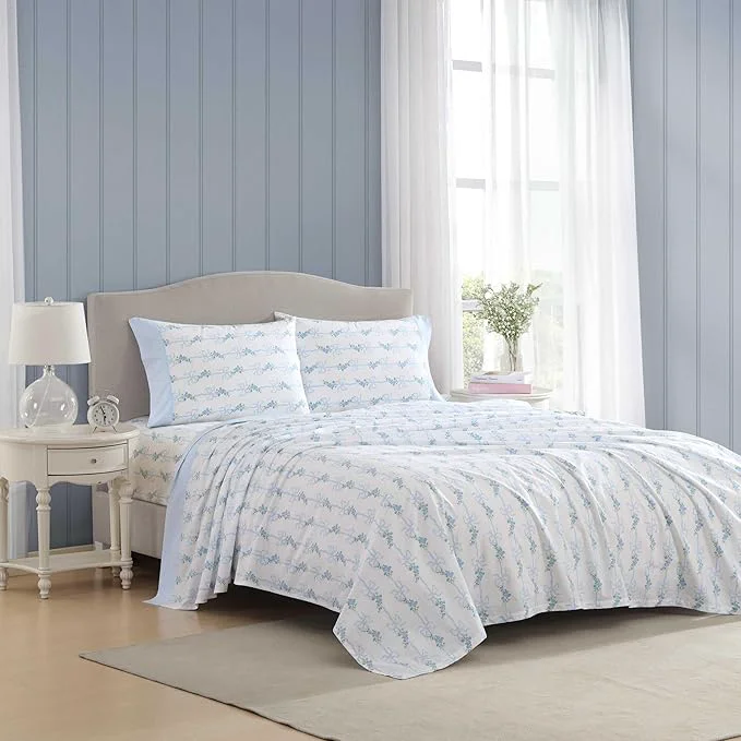 Original Laura Ashley - King Sheet Set Soft amp Breathable Cotton Percale Bedding with Deep Pocket 200 Thread Count Bed Sheets with Fitted Sheet amp Matching Pillowcases Floral Ribbon Blue Detailed