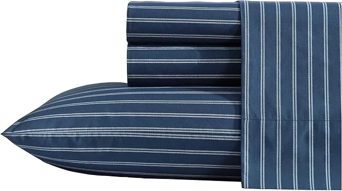 Organic Nautica - King Sheets Premium Cotton Percale Bedding Set Striped Home Decor Oeko-Tex Richmond Stripe Blue King Natural