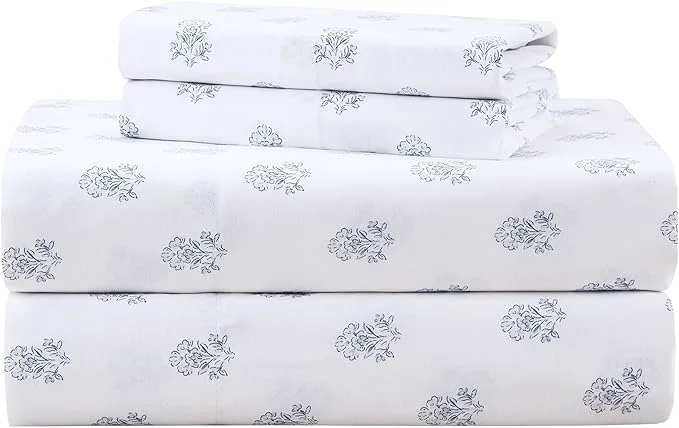 Selected Comfort Spaces Cotton Sheets Twin XL Breathable Naturally Cool Cotton Sheets Soft Cotton Bed Sheets with 12 quot Elastic Pocket Fits up to 14 quot Mattress All Seasons Sheet Set Floral Blue 3 Piece High-End