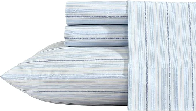 Soft Nautica - Sheets Cotton Percale Bedding Set with Matching Pillowcases Crisp amp Cool Deep Pocket Camp Stripe Blue Full Artisan