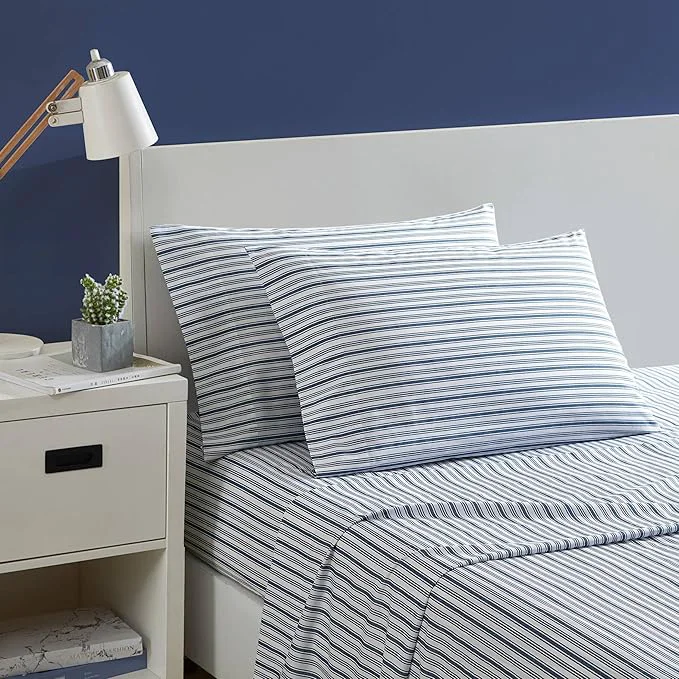 Proven Nautica - King Size Sheets Cotton Percale Preppy Bedding Set Crisp amp Cool Lightweight amp Breathable Coleridge Stripe Blue King Soft