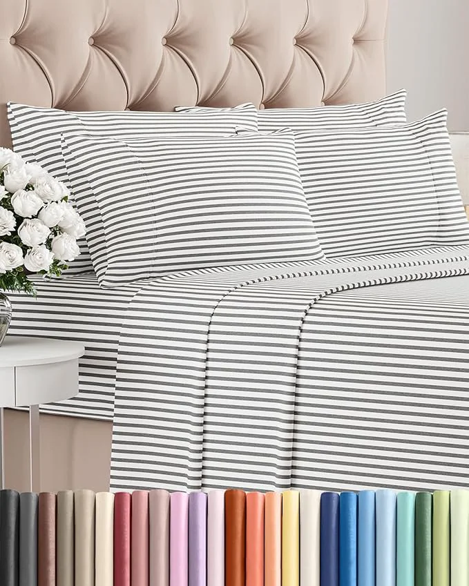 Natural King 6 Piece Sheet Set - Comfy Breathable amp Cooling - Soft Hotel Luxury Bedding Set with 8-16 Inch Deep Pockets - 1 Flat amp 1 Fitted Sheet amp 4 Pillowcases - Wrinkle amp Easy Care - Grey Stripes 2 Versatile