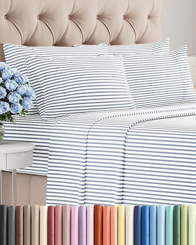 Exceptional Queen 6 Piece Sheet Set - Comfy Breathable amp Cooling - Soft Hotel Luxury Bedding Set with 8-16 Inch Deep Pockets - 1 Flat amp 1 Fitted Sheet amp 4 Pillowcases - Wrinkle amp Easy Care - Blue Stripes 2