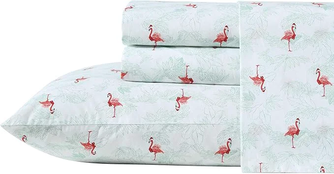 Tommy Bahama - King Size Sheet Set Crisp amp Cool Cotton Percale Bedding with a Smooth Lightweight Feel 4 Piece Holiday Bed Sheets with Matching Pillowcases Flamingo Santa Green Pure