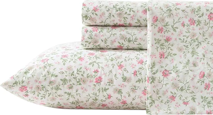 Detailed Laura Ashley - Twin Sheet Set Super Soft Cotton Percale Bedding Set with Matching Sham Oeko-Tex Bonnie Pink Twin Effective