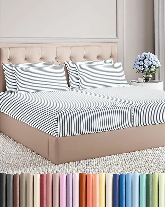 Clean Split King 7 Piece Sheet Set - Comfy Breathable amp Cooling - Soft Hotel Luxury Bedding Set w 8-16 Inch Deep Pockets - 1 Flat amp 2 Fitted Sheet amp 4 Pillowcases - Cozy and Wrinkle - Blue Stripes 2 Traditional