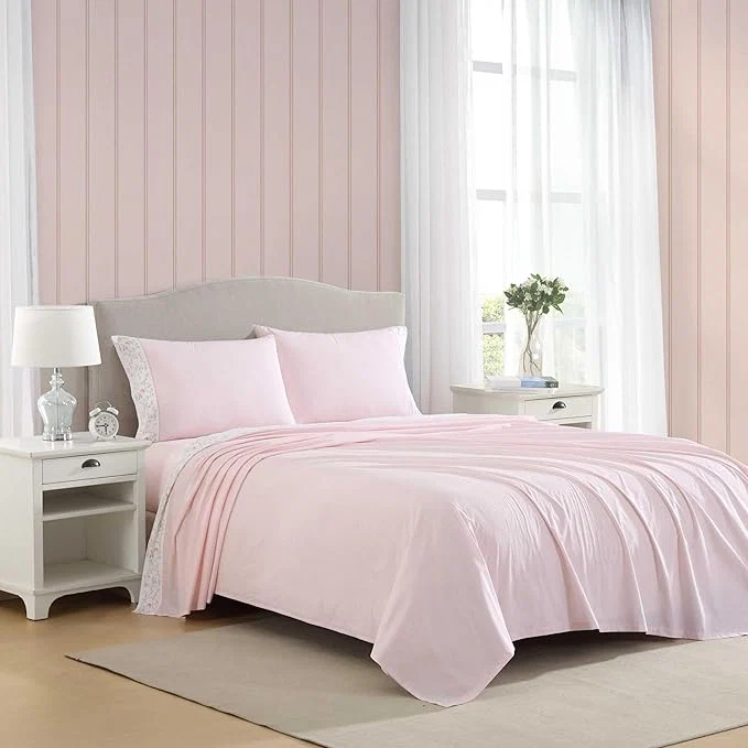Comfortable Laura Ashley - Queen Sheet Set Crisp amp Cool Cotton Percale Bedding with Deep Pockets Lightweight for Year Round Comfort Bed Sheets with Matching Pillowcases Victorian Scroll Pink Crafted