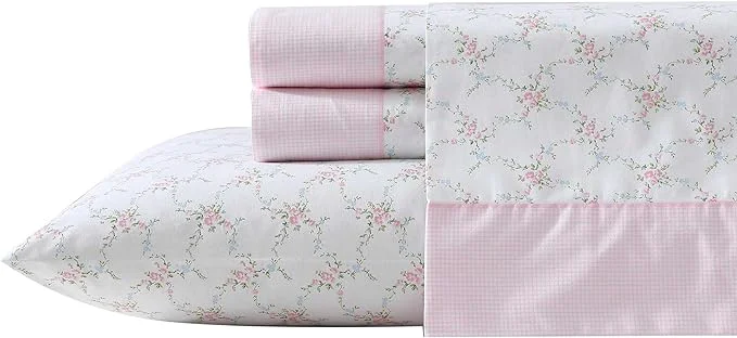 Fashionable Laura Ashley - Queen Sheet Set Crisp amp Cool Cotton Percale Bedding with Deep Pockets Lightweight for Year Round Comfort Bed Sheets with Matching Pillowcases Lynda Pink Trusted