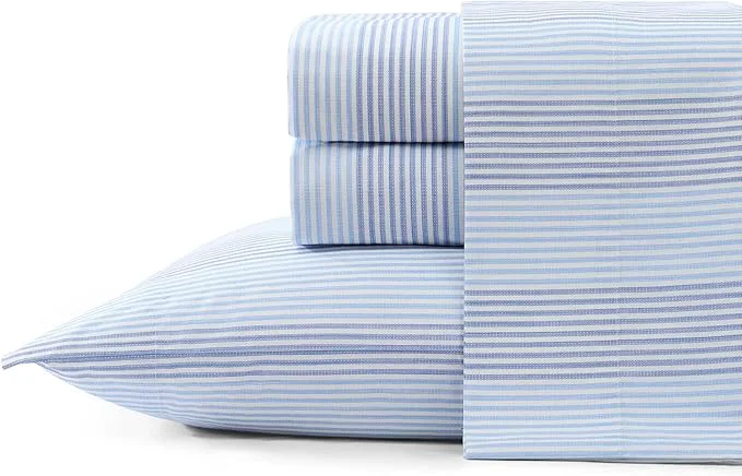 Organic Tommy Bahama - Queen Sheets Super Soft Cotton Percale Bedding Set with Matching Pillowcases Crisp amp Cool Coastal Room Essentials Weekend Stripe Blue Queen Premium Material