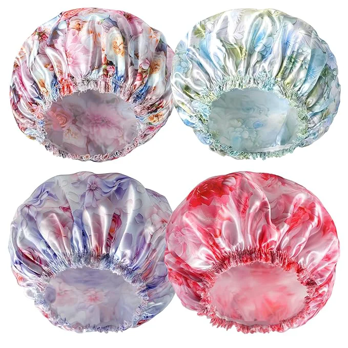 Premium Material 4 PCS Shower Caps for Women Printing Bath Caps Double Layers Shower Cap Practical