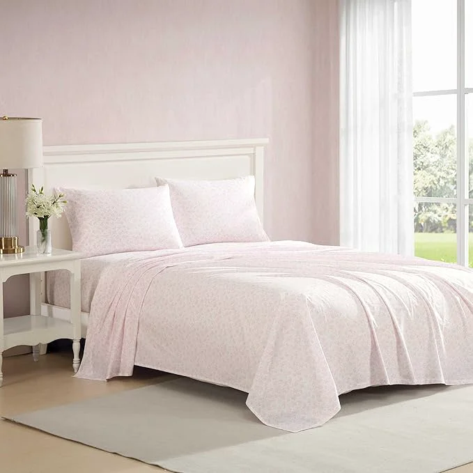 Secure Laura Ashley - Twin XL Sheet Set Crisp amp Cool Cotton Percale Bedding with Deep Pockets Lightweight for Year Round Comfort Bed Sheets with Matching Pillowcases Floral Toile Pink Sustainable