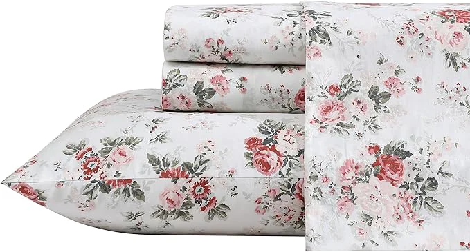 Laura Ashley - King Sheets Cotton Percale Bedding Set Lightweight amp Breathable Home Decor Ashfield Pink King High-Quality