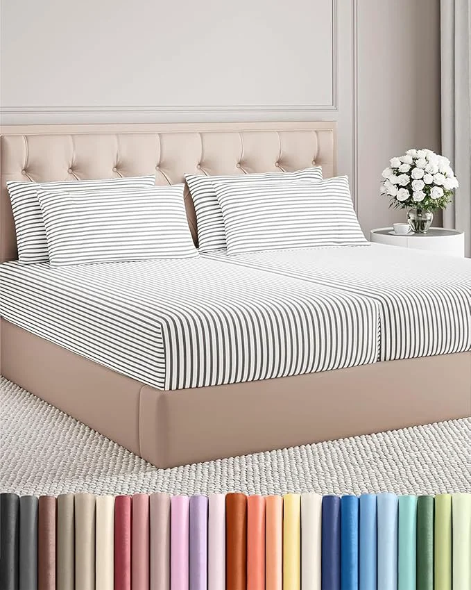 Casual Split King 7 Piece Sheet Set - Comfy Breathable amp Cooling - Soft Hotel Luxury Bedding Set w 8-16 Inch Deep Pockets - 1 Flat amp 2 Fitted Sheet amp 4 Pillowcases - Cozy and Wrinkle - Grey Stripes 2 Sophisticated