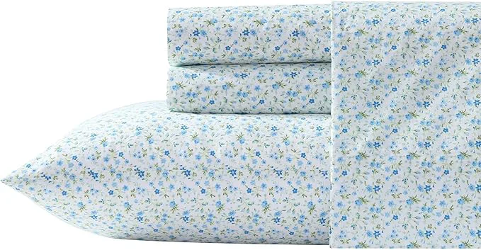 Certified Laura Ashley - Full Sheet Set Crisp amp Cool Cotton Percale Bedding with Deep Pockets Lightweight for Year Round Comfort Bed Sheets with Matching Pillowcases Evie Blue Carefully Designed