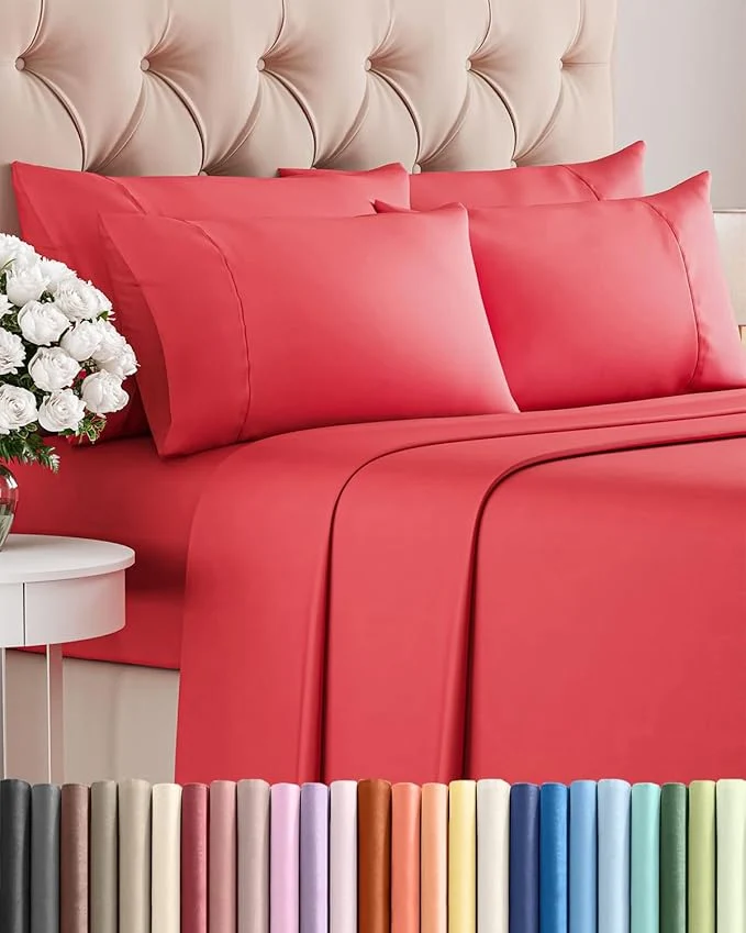 Solid Queen 6 Piece Sheet Set - Comfy Breathable amp Cooling - Ultra Soft Hotel Luxury Bedding Set with 8-16 Inch Deep Pockets - 1 Flat amp 1 Fitted Sheet amp 4 Pillowcases - Cozy Wrinkle amp Easy Care - Red High-Quality
