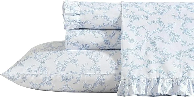 Elite Laura Ashley - Queen Sheet Set Breathable Percale Cotton Bedding 200 Thread Count Floral Home Decor Victoria Blue Queen Safe
