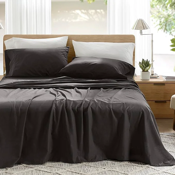 Traditional Comfort Spaces Cotton Sheets Twin Breathable amp Ultra Soft Cotton Sheets Naturally Cool Cotton Bed Sheets with 12 quot Elastic Pocket Fits up to 14 quot Mattress All Season Sheet Set Black 3 Piece Sustainable