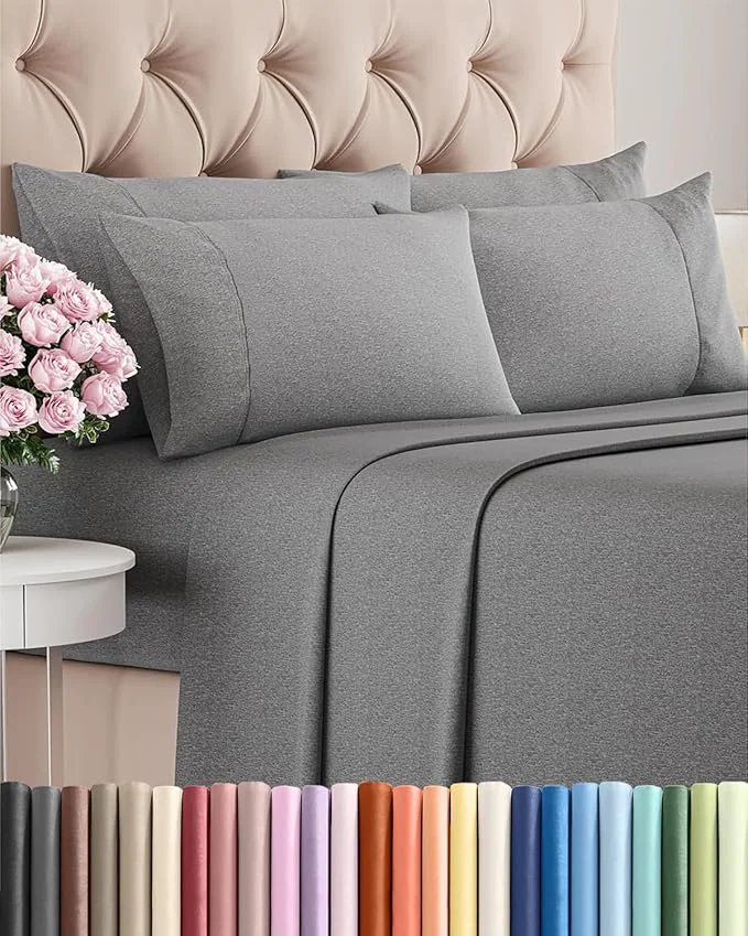 Official King 6 Piece Sheet Set - Comfy Breathable amp Cooling - Soft Hotel Luxury Bedding Set with 8-16 Inch Deep Pockets - 1 Flat amp 1 Fitted Sheet amp 4 Pillowcases - Wrinkle amp Easy Care - Heathered Grey Sustainable