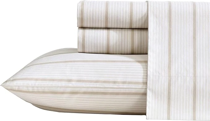 Soft Nautica - Full Sheets Premium Cotton Percale Bedding Set Striped Home Decor Oeko-Tex Merrick Stripe Beige Full Lightweight
