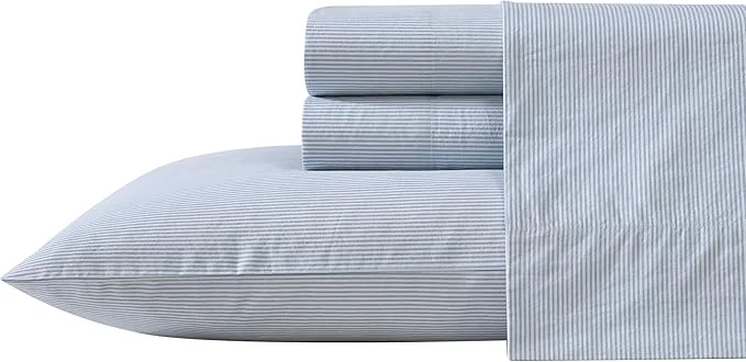 First-Class Nautica - Twin XL Sheet Set Cotton Percale Bedding Set Crisp amp Cool Lightweight amp Breathable Penny Pinstripe Blue Twin XL Prestigious