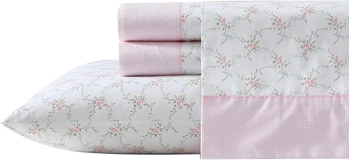Premium Laura Ashley - Sheet Set Breathable Percale Cotton Bedding 200 Thread Count Deep Pocket Chic Home Decor Lynda Pink Full Fine Crafted