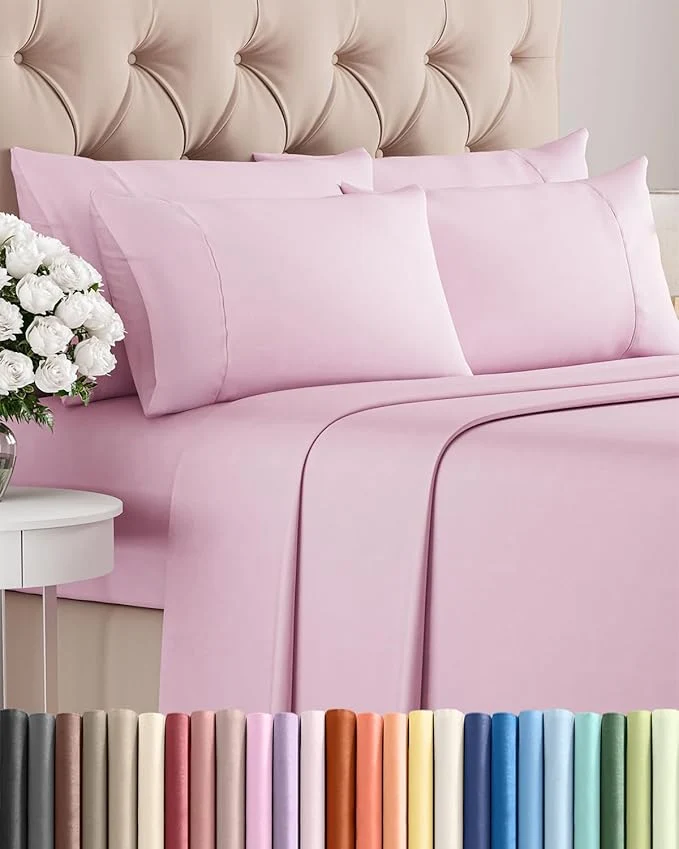 Prestigious Cal King 6 Piece Sheet Set - Comfy Breathable amp Cooling - Soft Hotel Luxury Bedding Set with 8-16 Inch Deep Pockets - 1 Flat amp 1 Fitted Sheet amp 4 Pillowcases - Wrinkle amp Easy Care - Light Pink Premium Material