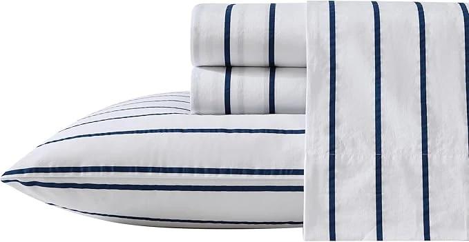 Verified Nautica - Queen Sheet Set Cotton Percale Bedding Set Crisp amp Cool Lightweight amp Breathable Brenton Stripe Navy Blue Queen Dependable