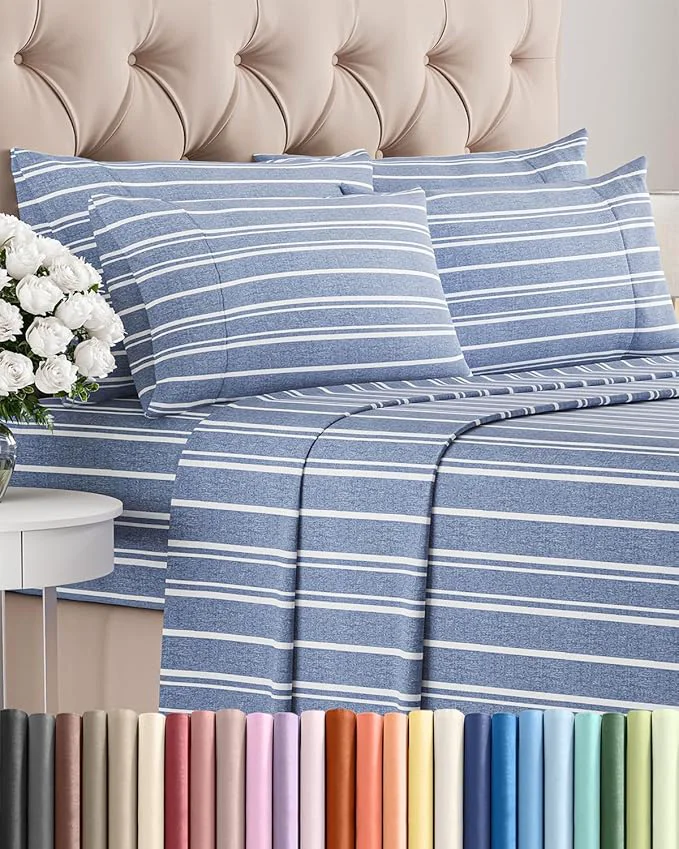 Proven Queen 6 Piece Sheet Set - Comfy Breathable amp Cooling - Soft Hotel Luxury Bedding Set with 8-16 Inch Deep Pockets - 1 Flat amp 1 Fitted Sheet amp 4 Pillowcases - Wrinkle amp Easy Care - Blue Stripes 3 Stylish