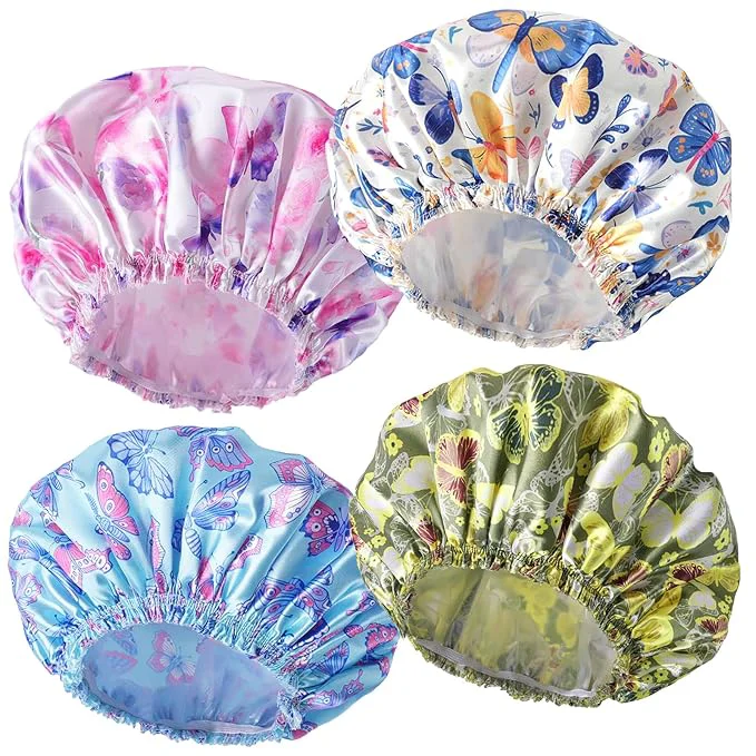 Enhanced 4 PCS Shower Cap for Women Elastic and Reusable Bath Caps Double Layers Powerful