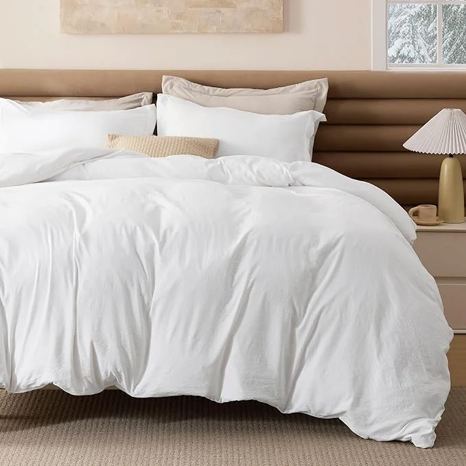 Smooth Bedsure Removable Cover with Comforter Duvet Insert Queen - 4 Pieces White Prewashed Soft Bedding Set for All Seasons Use Includes 1 Duvet Cover 1 Comforter 2 Pillow Shams Eco-Friendly