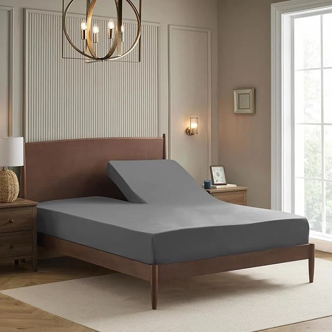Effective Split Head King Sheets Set for Adjustable Beds 4 Piece Flex Top Bed Sheets – Deep Pocket Split Top Fitted Sheet with Built-in Corner Straps Luxury Soft Cooling Bedding Wrinkle Resistant Gray Traditional