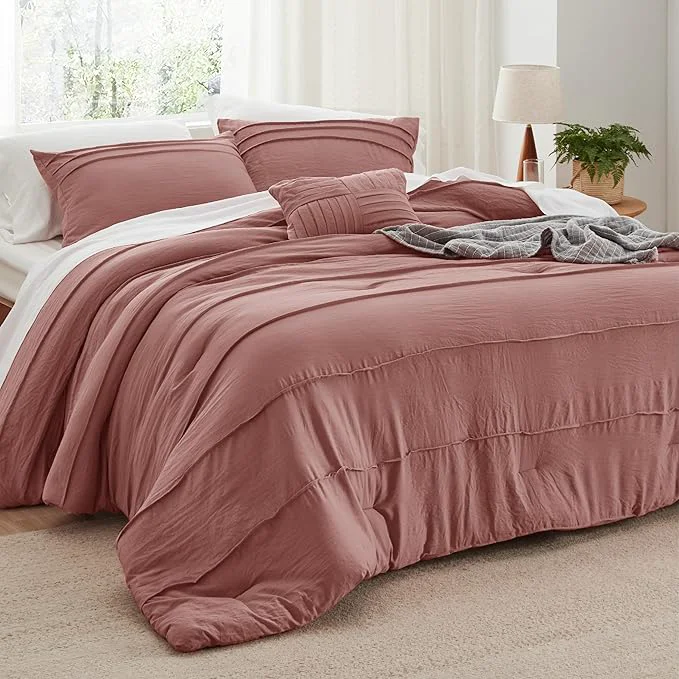 Traditional Bedsure King Comforter Set - 4 Pieces Pinch Pleat Bed Set Dusty Pink Boho Bedding for All Season 1 Soft Comforter 2 Pillowcases 1 Decorative Pillow Verified