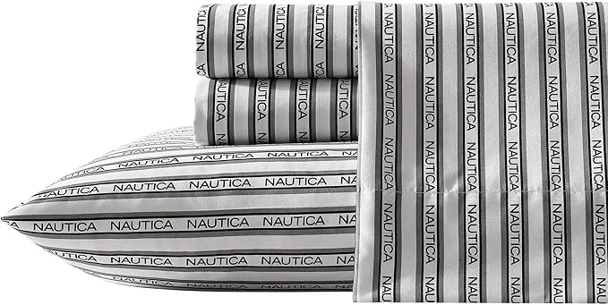 High-Quality Nautica - Full Sheet Set Breathable amp Cooling Microfiber Bedding with Matching Sham s Casual Bedding Set Striped Nautica Logo Grey Full Solid