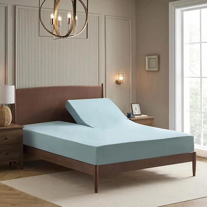 Easy-to-Use Split Head King Sheets Set for Adjustable Beds 4 Piece Flex Top Bed Sheets – Deep Pocket Split Top Fitted Sheet with Built-in Corner Straps Luxury Soft Cooling Bedding Wrinkle Resistant Misty Blue Solid