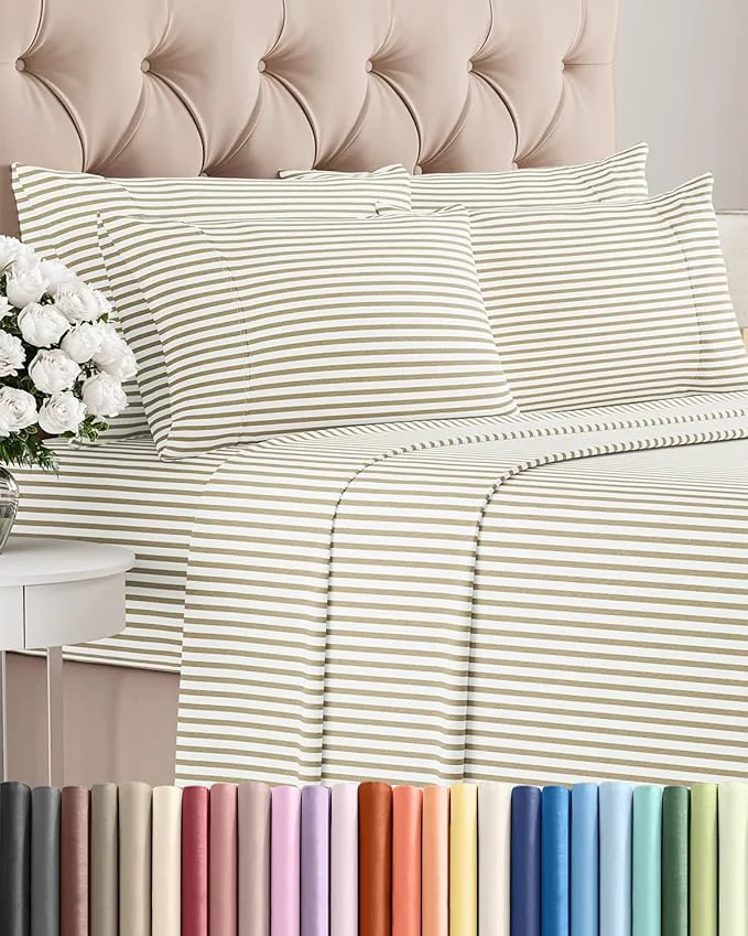 Comfortable Cal King 6 Piece Sheet Set - Comfy Breathable amp Cooling - Soft Hotel Luxury Bedding Set w 8-16 Inch Deep Pockets - 1 Flat amp 1 Fitted Sheet amp 4 Pillowcases - Wrinkle amp Easy Care - Beige Stripes 2 Prestigious