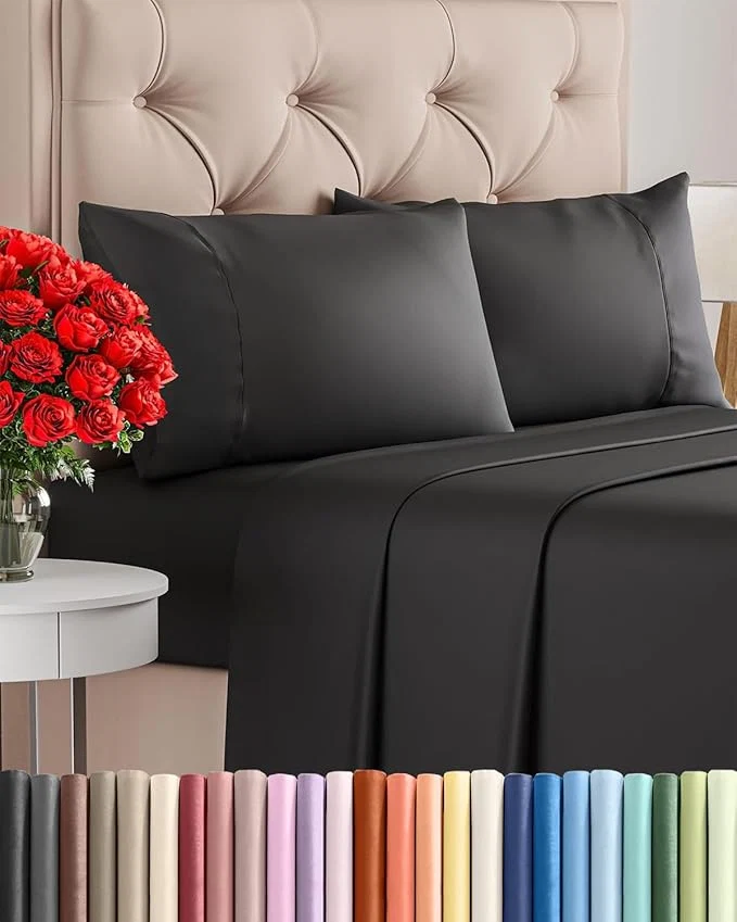 Solid Twin 4 Piece Sheet Set - Comfy Breathable amp Cooling - Ultra Soft Hotel Luxury Bedding Set with 8-16 Inch Deep Pockets - 1 Flat amp 1 Fitted Sheet amp 2 Pillowcases - Cozy Wrinkle amp Easy Care - Black Professional