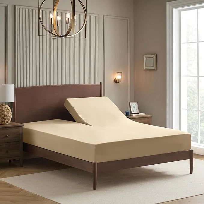 Efficient Split Head King Sheets Set for Adjustable Beds 4 Piece Flex Top Bed Sheets – Deep Pocket Split Top Fitted Sheet with Built-in Corner Straps Luxury Soft Cooling Bedding Wrinkle Resistant Beige Exclusive