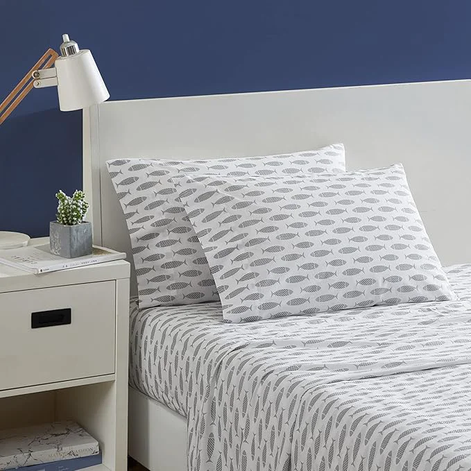 Original Nautica - Full Size Sheet Sets Cotton Percale Bedding Set Crisp amp Cool Coastal Home Decor Woodblock Fish Grey Full Stylish