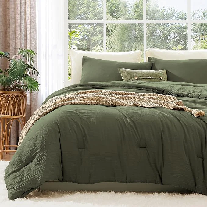 Sustainable WRENSONGE Full Size Comforter Sets - 3 Pieces Olive Green Comforter Prewashed Soft Lightweight for All Seasons Fluffy Down Comforter Full Size with 2 Pillow Shams High-Grade