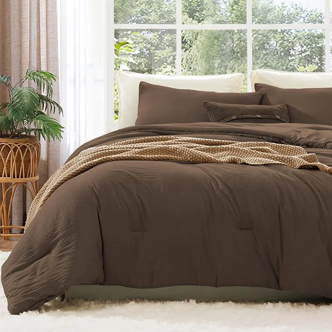 Recyclable WRENSONGE King Size Comforter Set - 3 Pieces Chocolate Brown Comforter Prewashed Soft Lightweight for All Seasons Fluffy Down Comforter King Size with 2 Pillow Shams Eco-Friendly