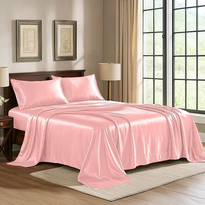 Reusable Pure Bedding Satin Sheets Full 4-Piece Pink Hotel Luxury Silky Bed Sheets - Extra Soft 1800 Microfiber Sheet Set Wrinkle Fade Deep Pocket Fitted Sheet Flat Sheet Pillow Cases Durable
