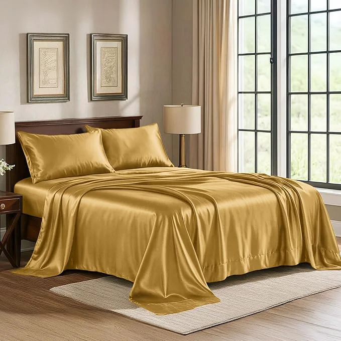 Safe Satin Sheets California King 4-Piece Gold Luxury Silky Bed Sheets - Extra Soft 1800 Microfiber Sheet Set Wrinkle Fade Stain Resistant - Deep Pocket Fitted Sheet Flat Sheet Pillow Cases Breathable