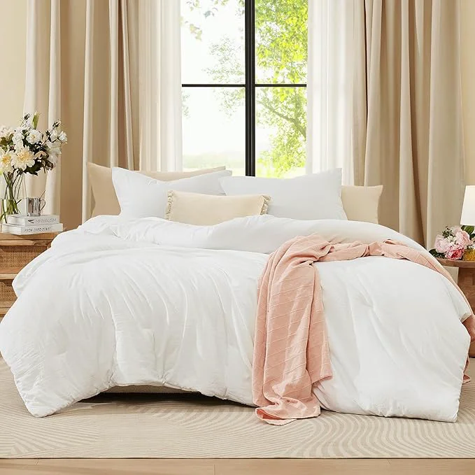 Optimized WRENSONGE Queen Comforter Set - 3 Pieces Prewashed White Comforter Soft Lightweight Bedding for All Seasons Fluffy Down Comforter Queen Size with 2 Pillow Shams Safe