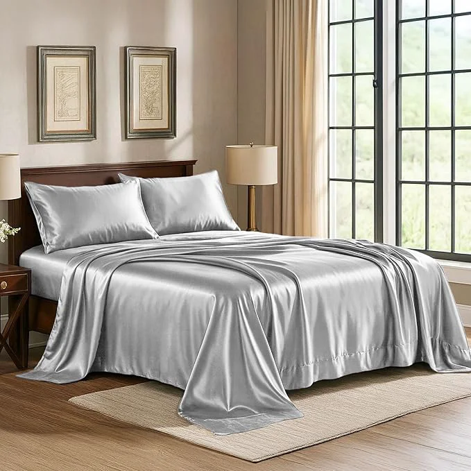 Breathable Pure Bedding Satin Sheets Twin 3-Piece Grey Hotel Luxury Silky Bed Sheets - Extra Soft 1800 Microfiber Sheet Set Wrinkle Fade Deep Pocket Fitted Sheet Flat Sheet Pillow Cases Premium Material