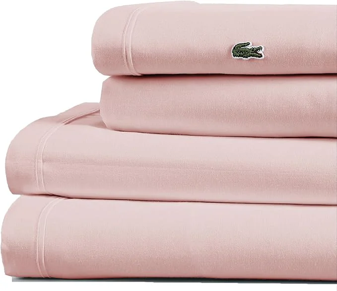 Healthy Lacoste Cotton Percale 4-Piece Sheet Set – Cool Crisp Matte and Durable Oeko-Tex – Solid Iced Pink Queen Eco-Friendly